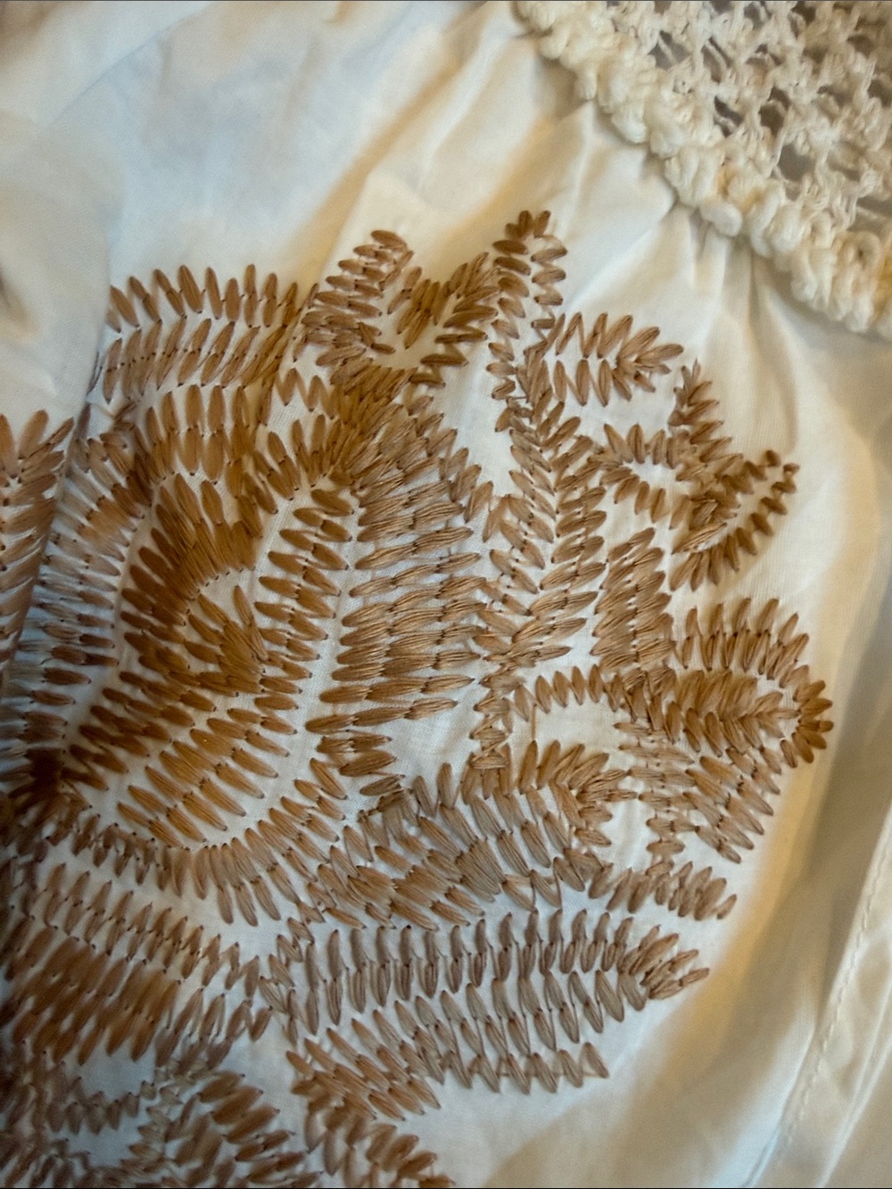 Ciebon Cream Boho Top with Brown Fern Embroidery and Crochet Collar - Picture 3 of 7